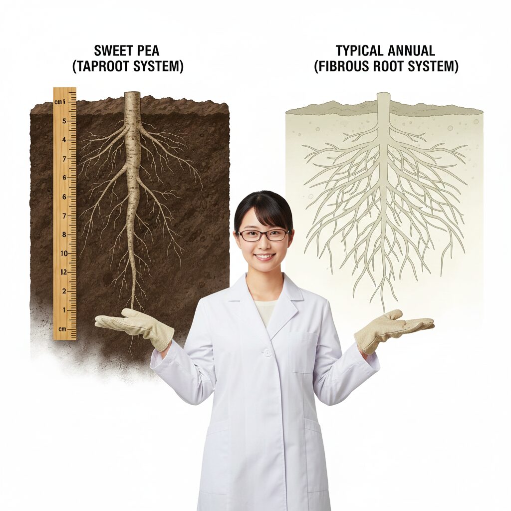 スイートピー 種まき時期4　スイートピーの直根性を示す根の断面図解。移植を嫌う太く長い主根の特徴