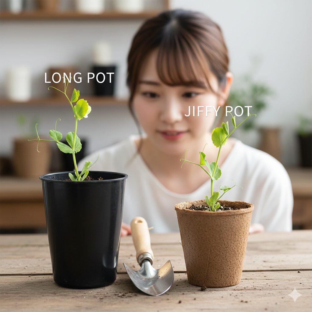 スイートピー 種まき時期5　根が深く伸びるスイートピーの育苗に適したロングポットとジフィーポット