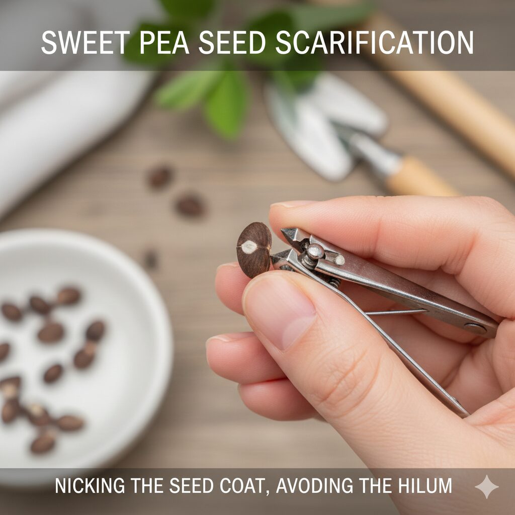 スイートピー 種まき時期6　硬実種子であるスイートピーの発芽率を上げる種皮処理。おはぐろを避けて傷をつける正しい位置