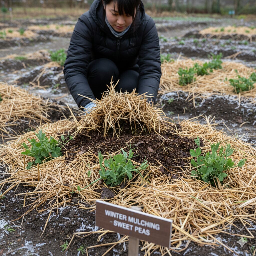 スイートピー 種まき時期7　霜柱による根の浮き上がりを防ぐ、スイートピー株元のマルチング（防寒対策）の様子