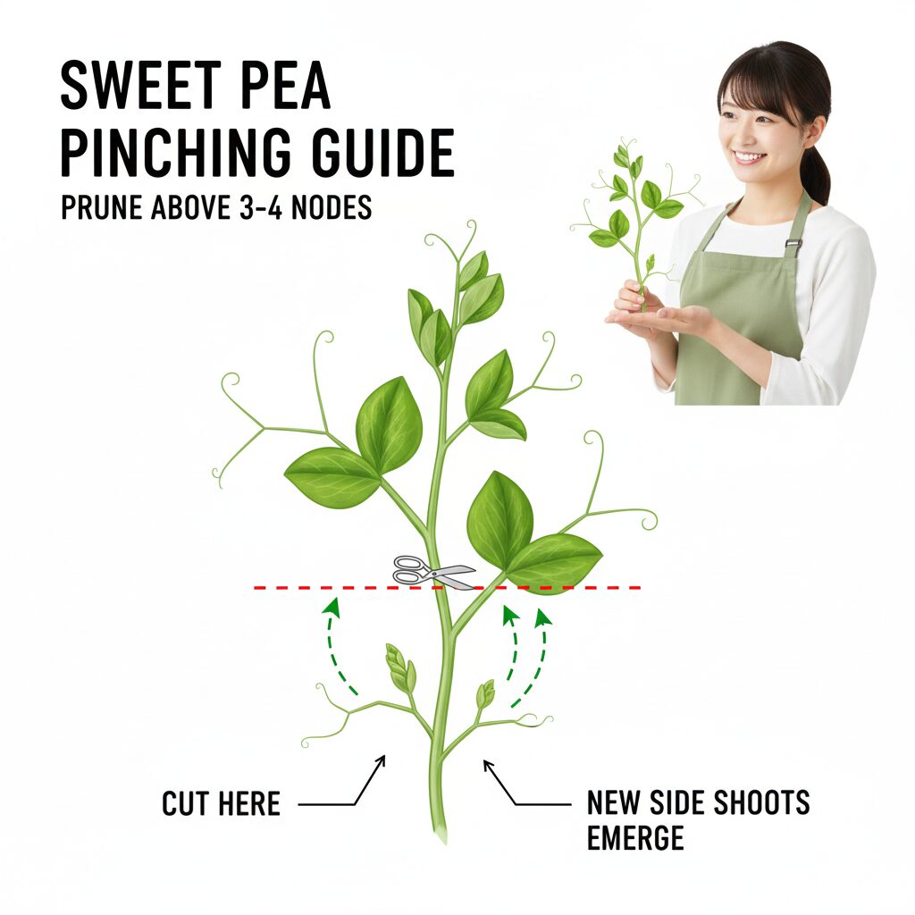 スイートピー 種まき時期8　スイートピーの花数を増やす摘心（ピンチ）の位置と方法を示した図解