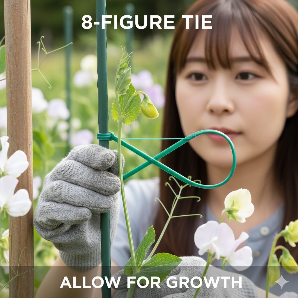 スイートピー 種まき時期9　スイートピーの茎を傷めない支柱への誘引方法。隙間を作った8の字結びの拡大写真