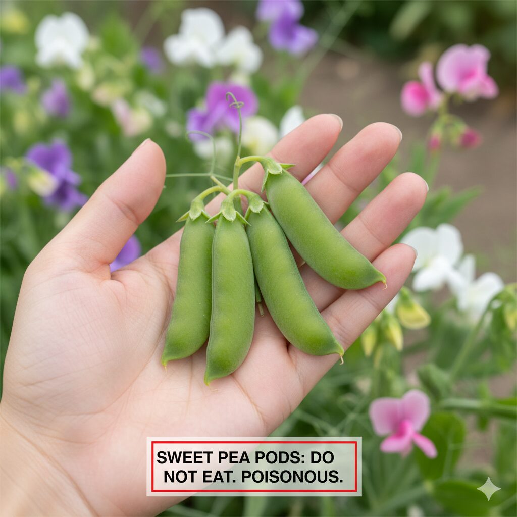 スイートピー 育て方 プランター10　誤食厳禁：エンドウ豆に似ているが有毒成分を含むスイートピーの種（サヤ）