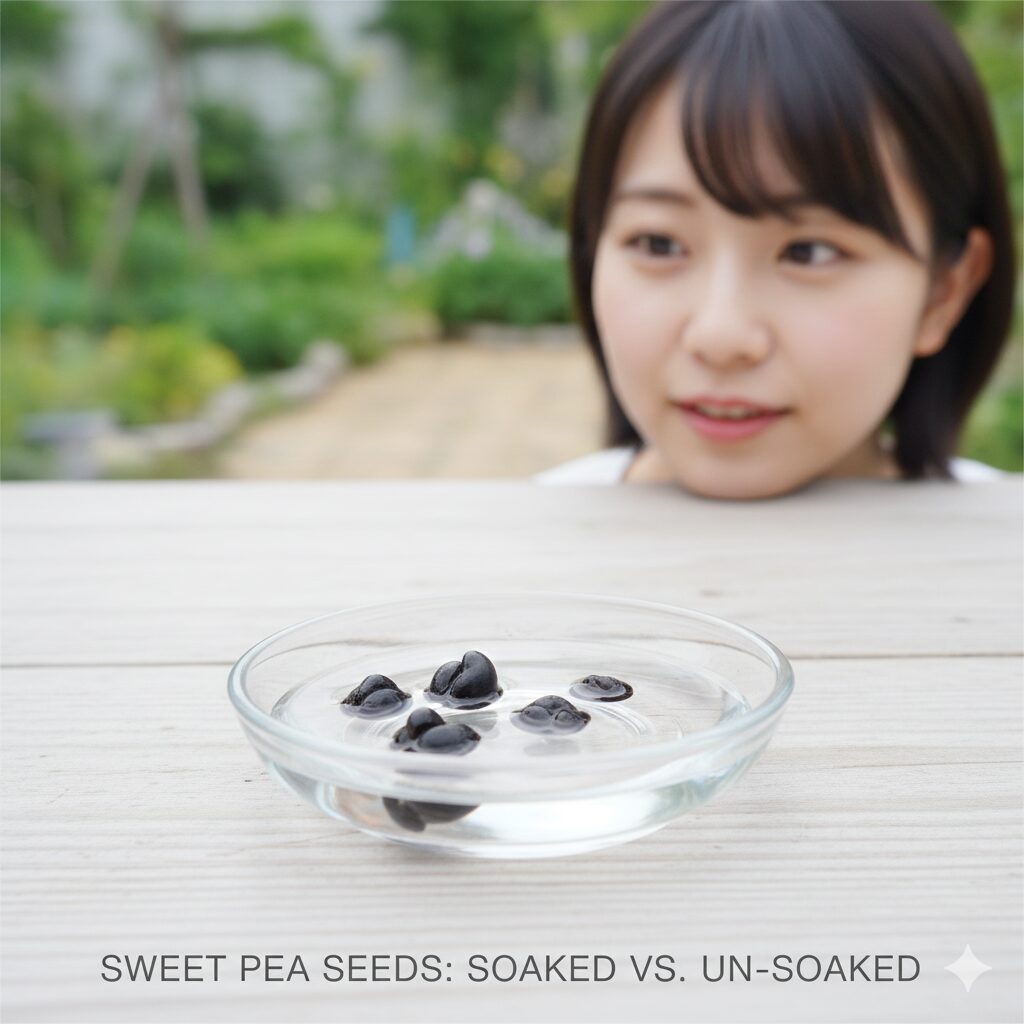 スイートピー 育て方 プランター2　スイートピーの種まき前の吸水処理：水を吸って膨らんだ種と硬い種の比較