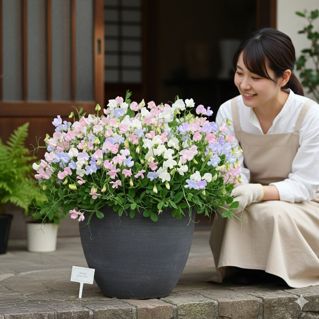 スイートピー 育て方 プランター3　支柱なしでプランターにこんもりと咲く矮性種のスイートピー（キューピッド等）