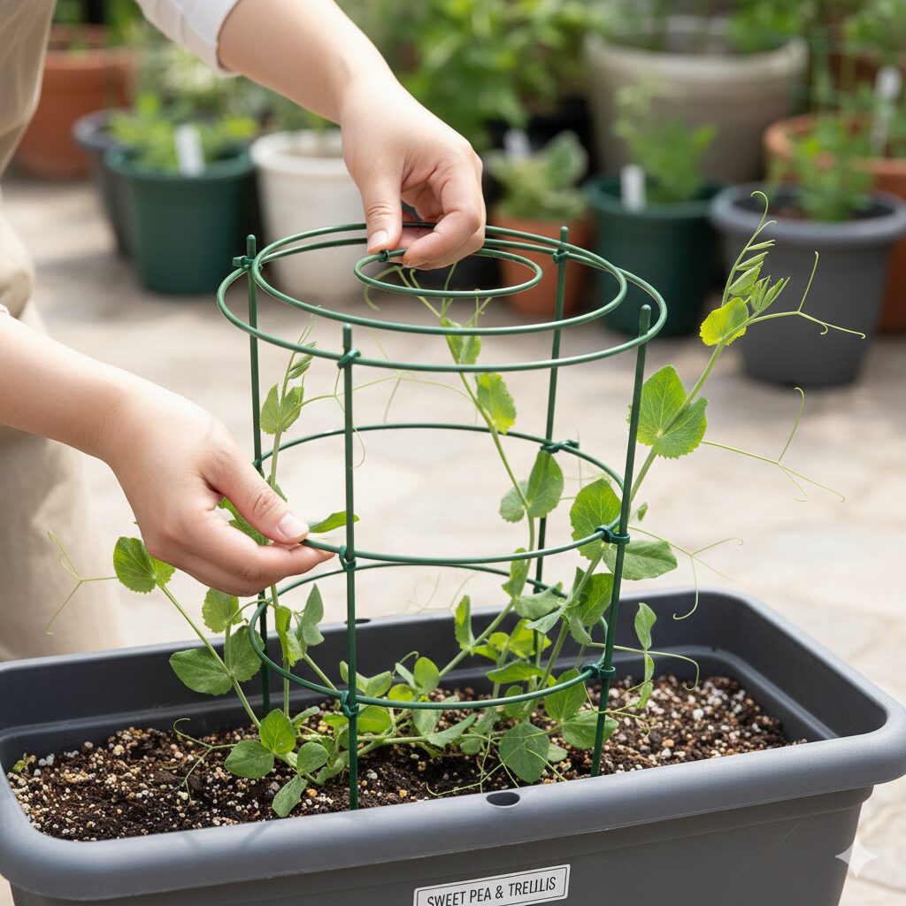 スイートピー 育て方 プランター4　100均のリング支柱を活用してプランターのスイートピーを誘引する方法
