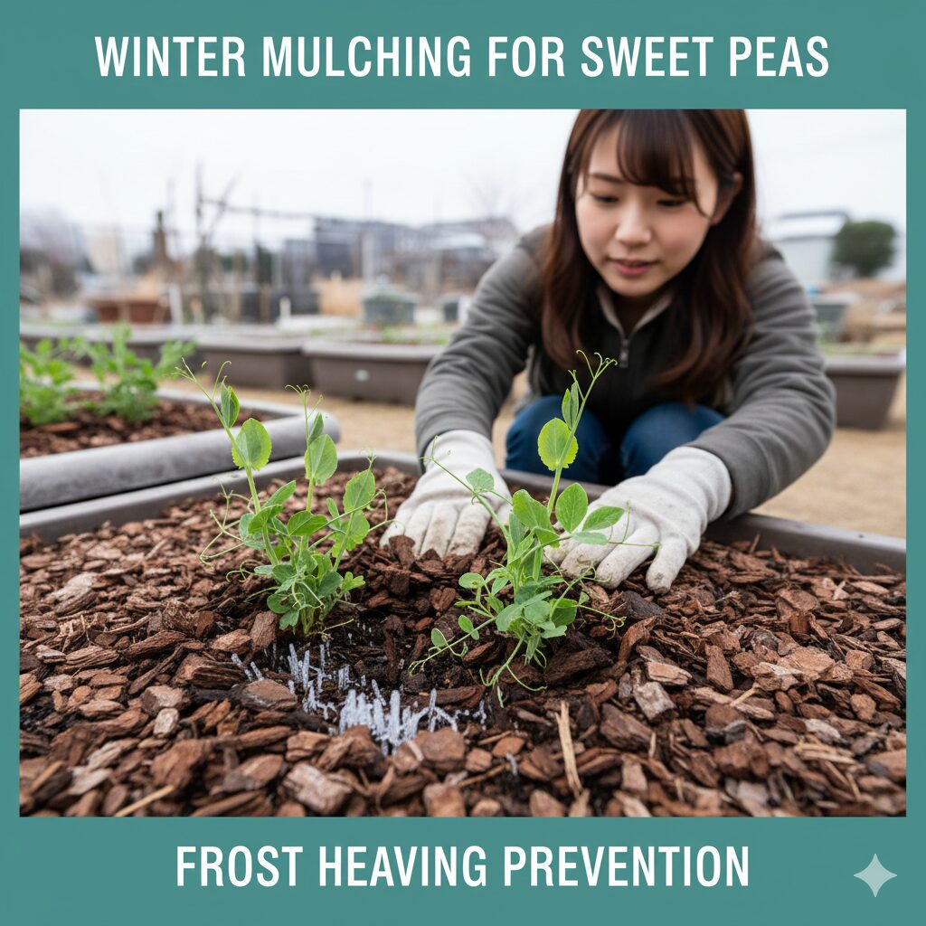 スイートピー 育て方 プランター5　冬越しの寒さ対策としてスイートピーの株元に施したバークチップのマルチング