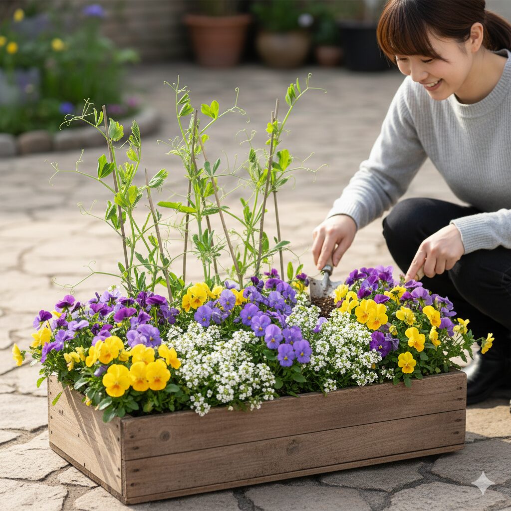 スイートピー 育て方 プランター6　プランター栽培でのスイートピーとビオラ・アリッサムの相性の良い寄せ植え