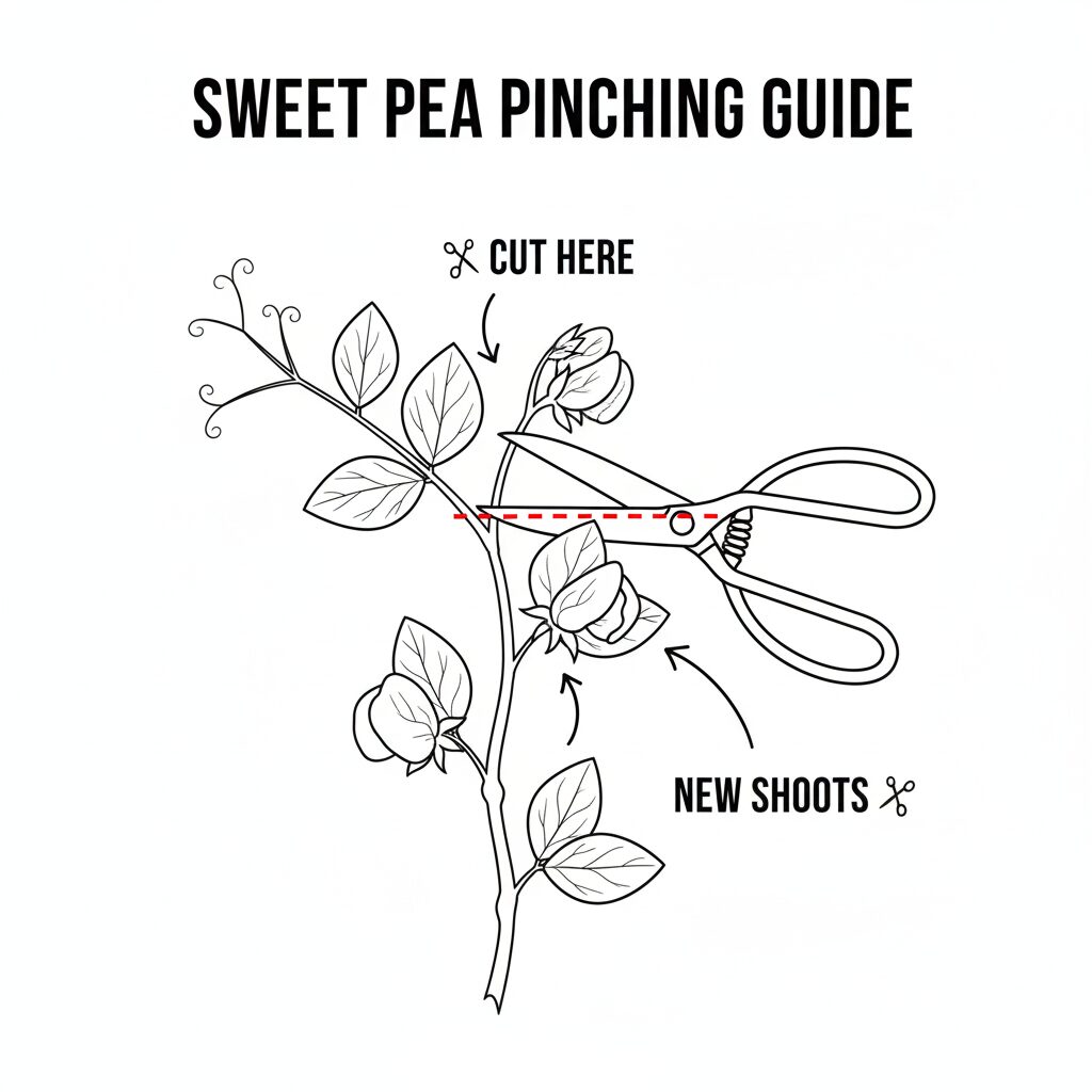 スイートピー 育て方 プランター7　スイートピーの脇芽を増やして花数を増やすための摘芯（ピンチ）の位置を示す図解