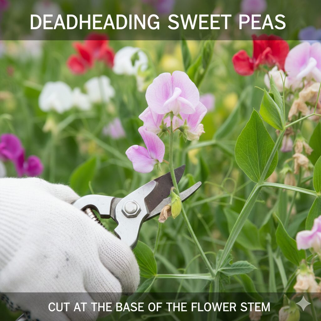 スイートピー 育て方 プランター8　開花期間を延ばすためにスイートピーの花がらを茎の根元からカットする方法