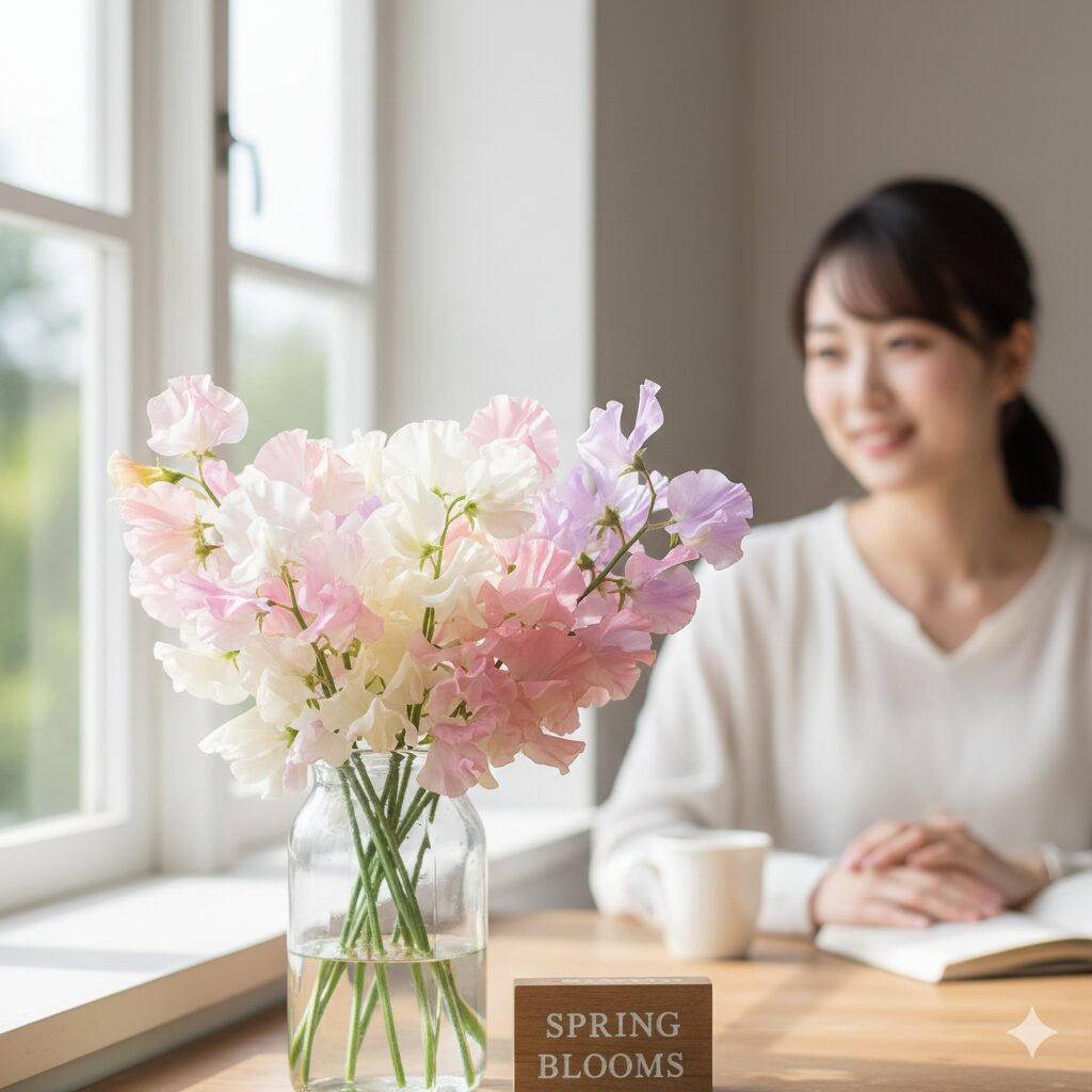 スイートピー 花言葉 怖い1　窓辺に飾られたパステルカラーのスイートピーの花束、春のインテリア