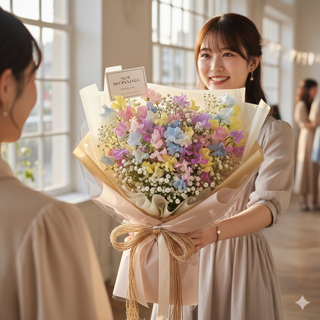 スイートピー 花言葉 怖い10　スイートピーとカスミソウの混合花束、門出と感謝を伝える卒業祝いのギフト