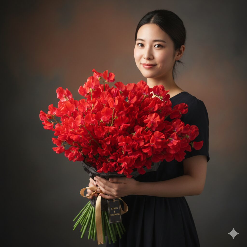 スイートピー 花言葉 怖い3　情熱的な赤いスイートピーの花、別離と門出の意味を持つ赤色