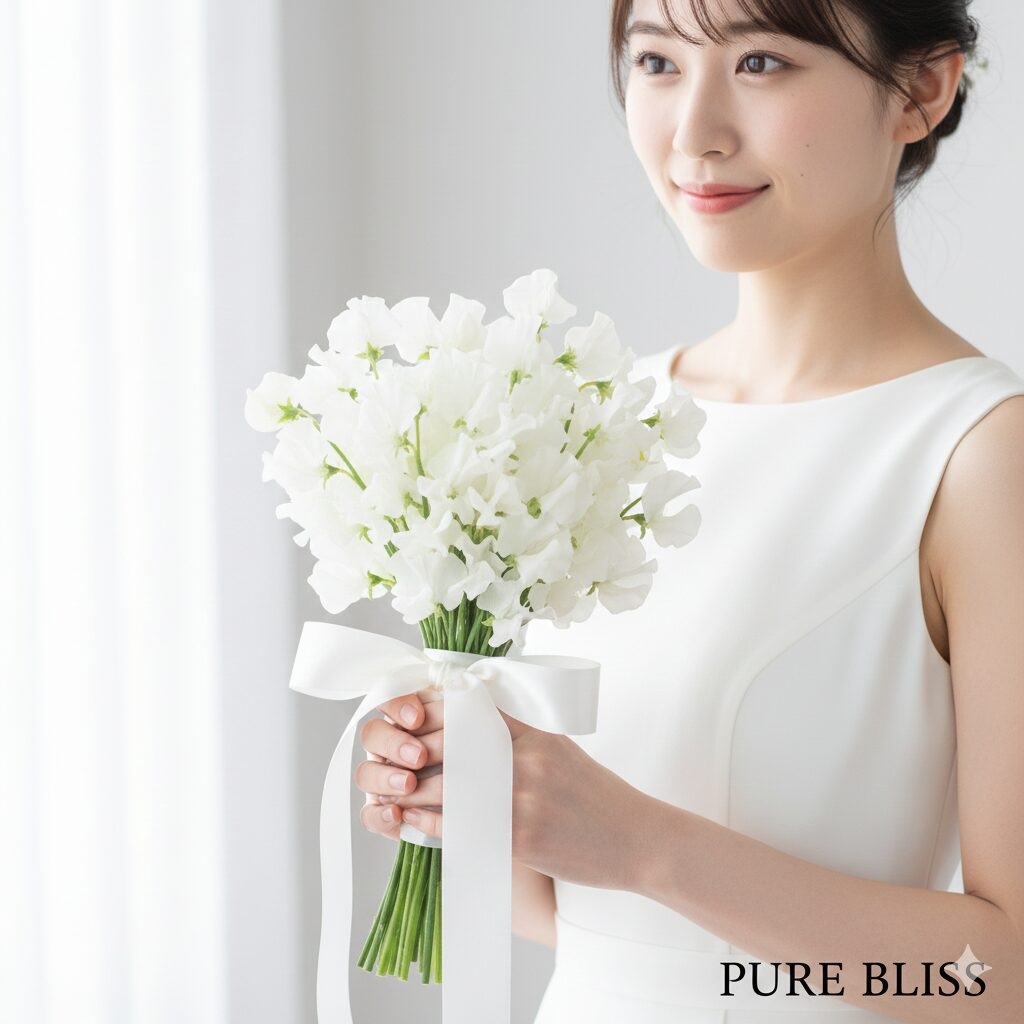 スイートピー 花言葉 怖い5　白色のスイートピー、ほのかな喜びと純潔を象徴するウェディングブーケ