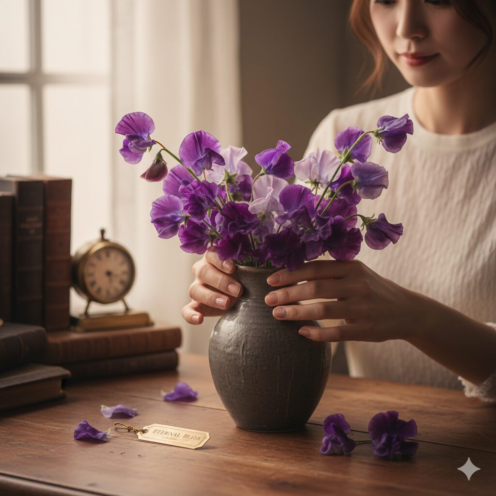 スイートピー 花言葉 怖い6　紫色のスイートピー、永遠の喜びを意味するシックなフラワーギフト