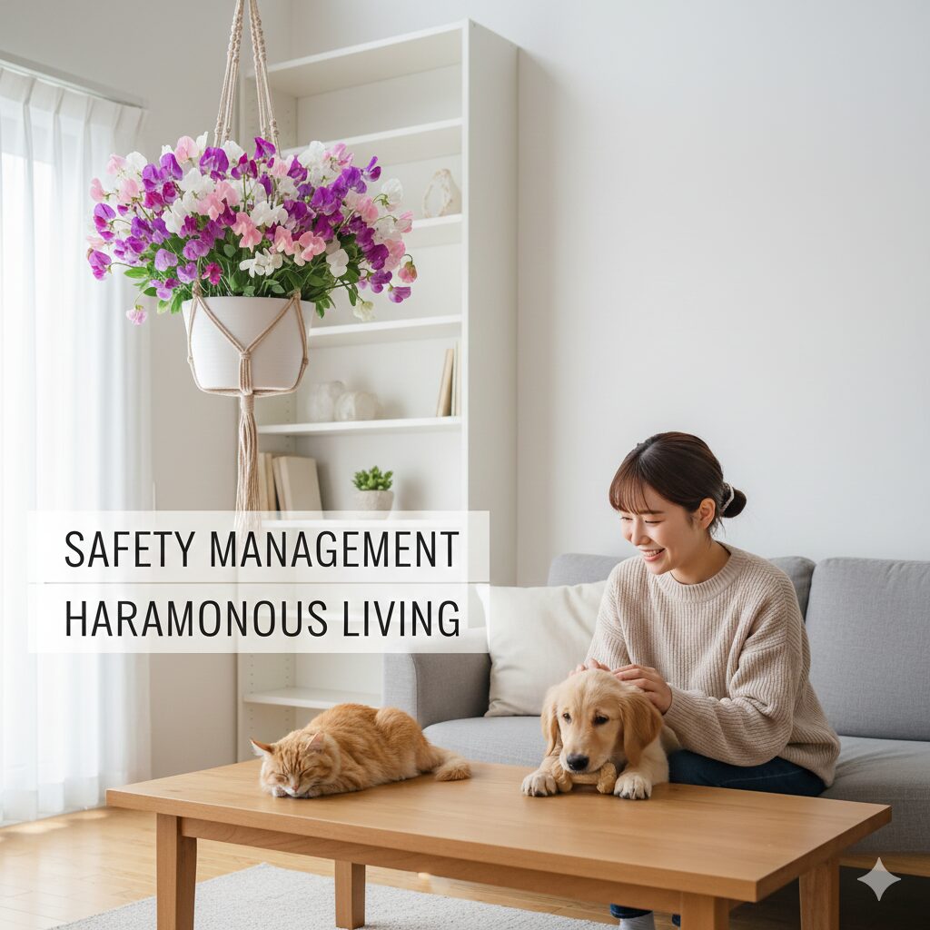 スイートピー 花言葉 怖い9　ペットの手が届かない場所に飾られたスイートピー、犬猫の誤食防止対策