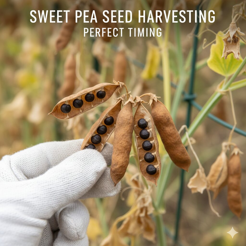 スイートピー 開花時期10　種取り（自家採種）に適した、茶色く完熟して乾燥したスイートピーの種のサヤの写真。