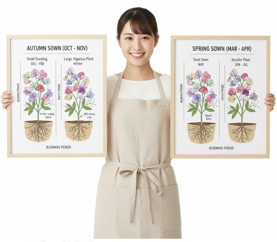 スイートピー 開花時期2　スイートピーの秋まきと春まきによる成長サイクルと開花時期の違いを比較したイラスト図解。
