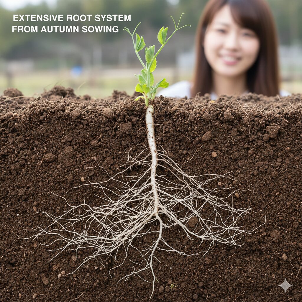 スイートピー 開花時期3　秋まきしたスイートピーの苗が冬の間に土中で太く深い根を張っている様子の断面写真。