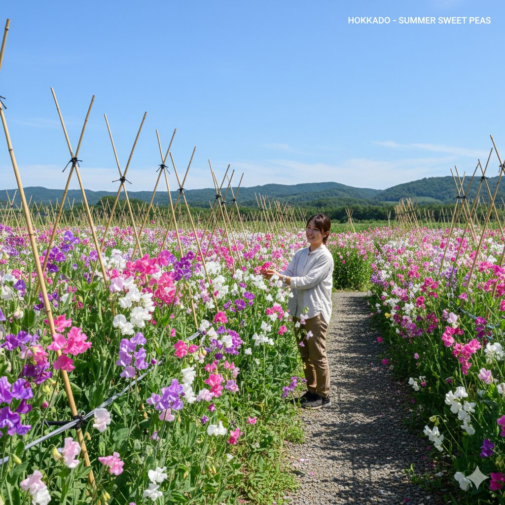 スイートピー 開花時期4　北海道の初夏のガーデンで涼しい気候の中、色鮮やかに満開を迎えたスイートピーの風景写真。