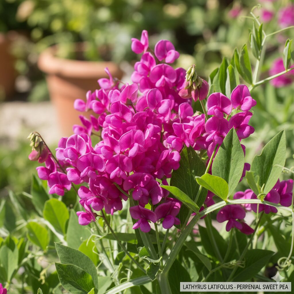 スイートピー 開花時期5　夏に開花する宿根スイートピー（サマースイートピー）の濃いピンク色の花と葉のクローズアップ写真。