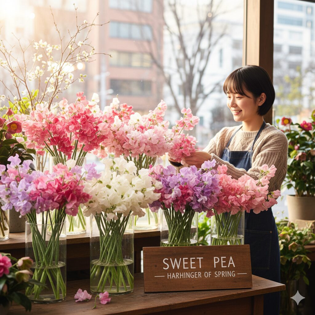 スイートピー 開花時期6　真冬のフラワーショップの店頭に春を告げるように並ぶ、カラフルなスイートピーの切り花の写真。