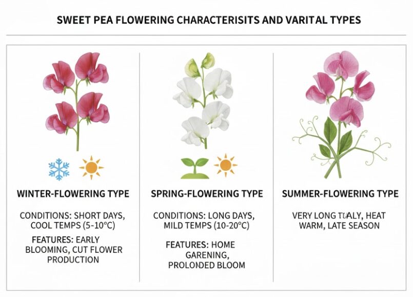 スイートピー 開花時期7　スイートピーの冬咲き性、春咲き性、夏咲き性品種の開花条件と特徴を比較した一覧表の画像。