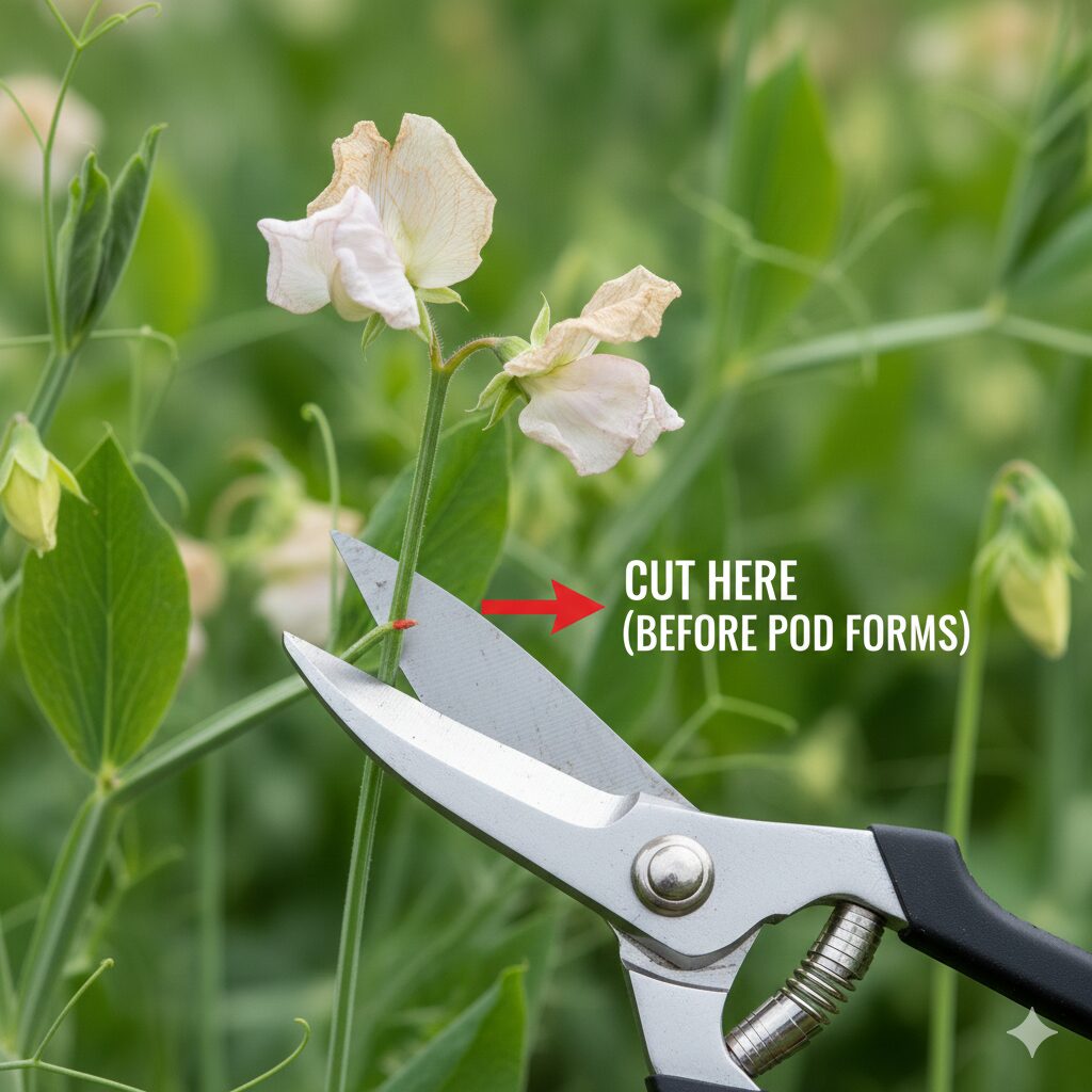 スイートピー 開花時期8　スイートピーの開花期間を延ばすための、正しい花がら摘みの位置（花茎の付け根）を示す図解写真。