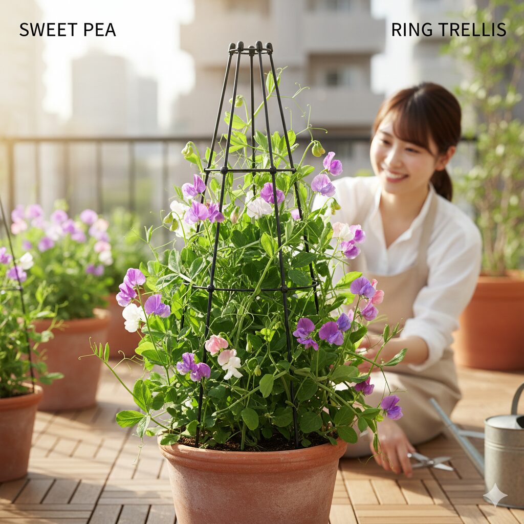 スイートピー 開花時期9　鉢植えでアンドン支柱にきれいに誘引され、風通し良く管理されているスイートピーの写真。