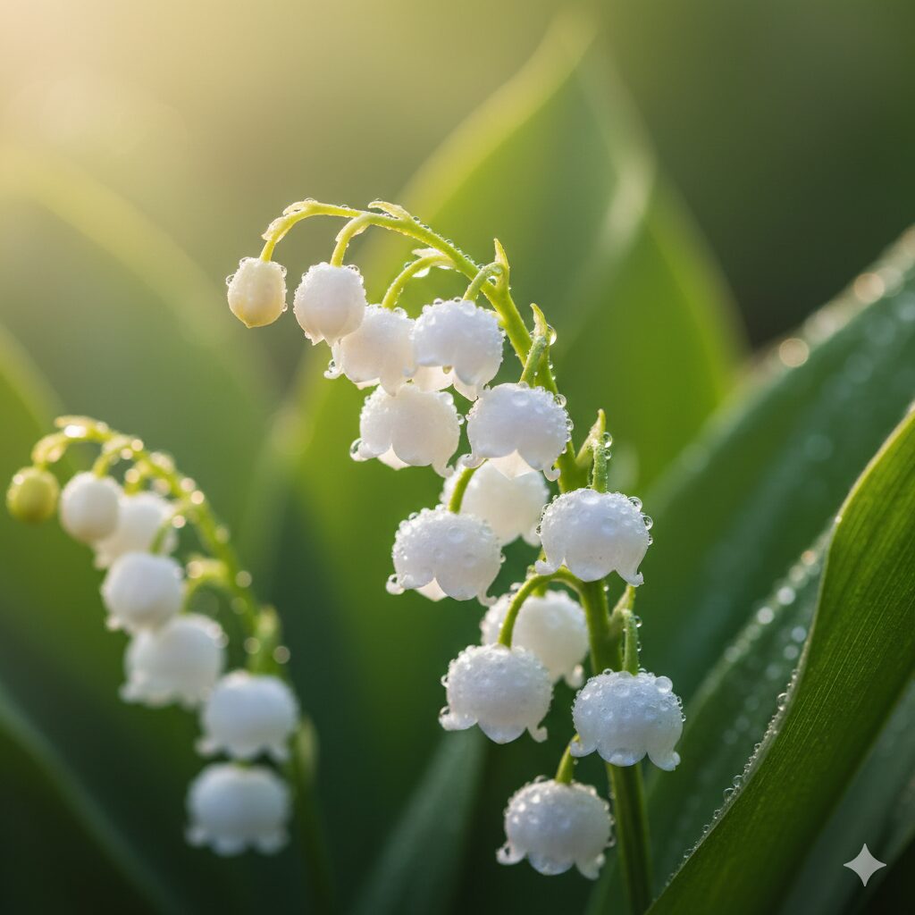 スズラン 植え替え時期1　春の庭で可憐に咲くスズラン（Convallaria majalis）の花と新緑の葉