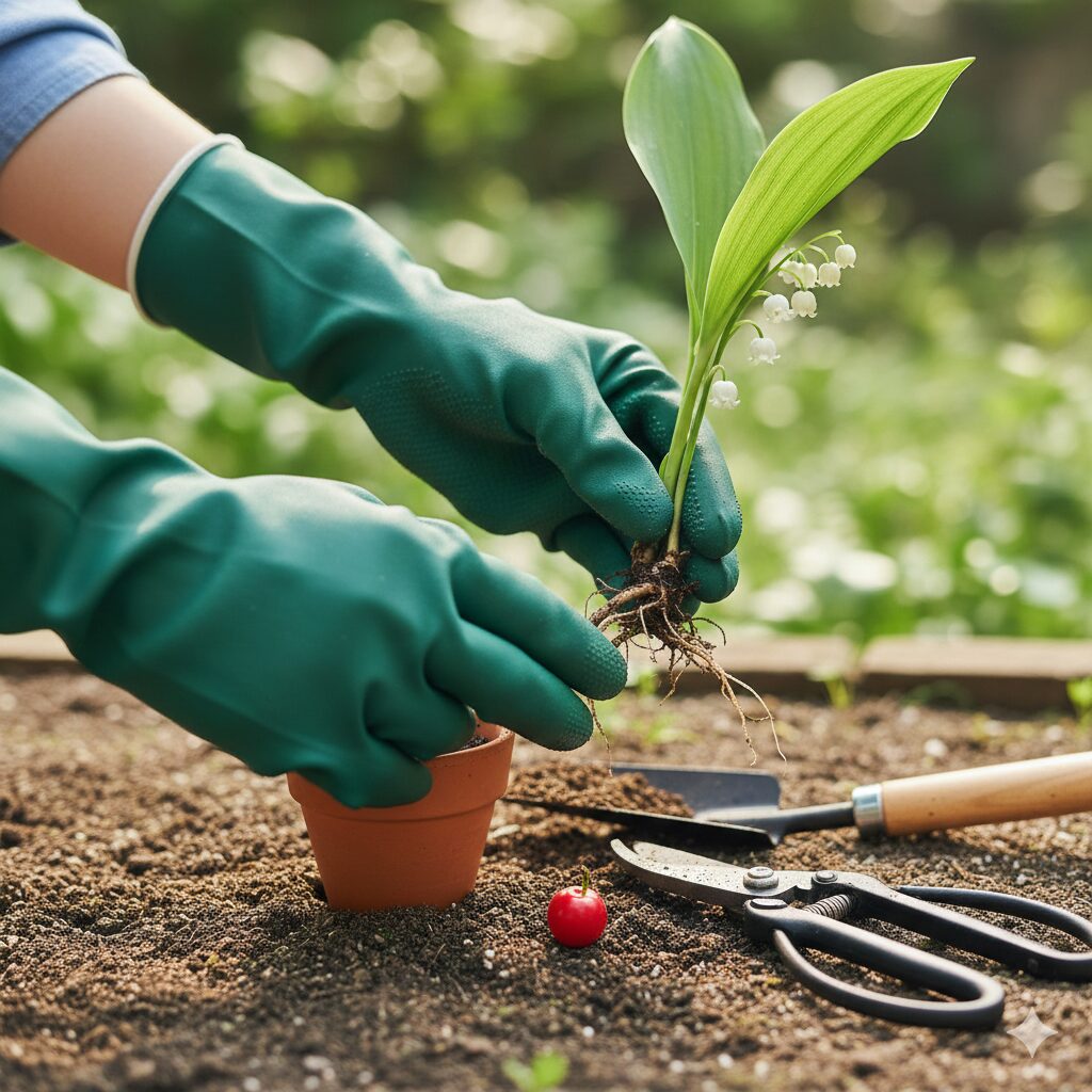 スズラン 植え替え時期10　スズランの毒性から身を守るためにゴム手袋を着用して植え替え作業を行う様子