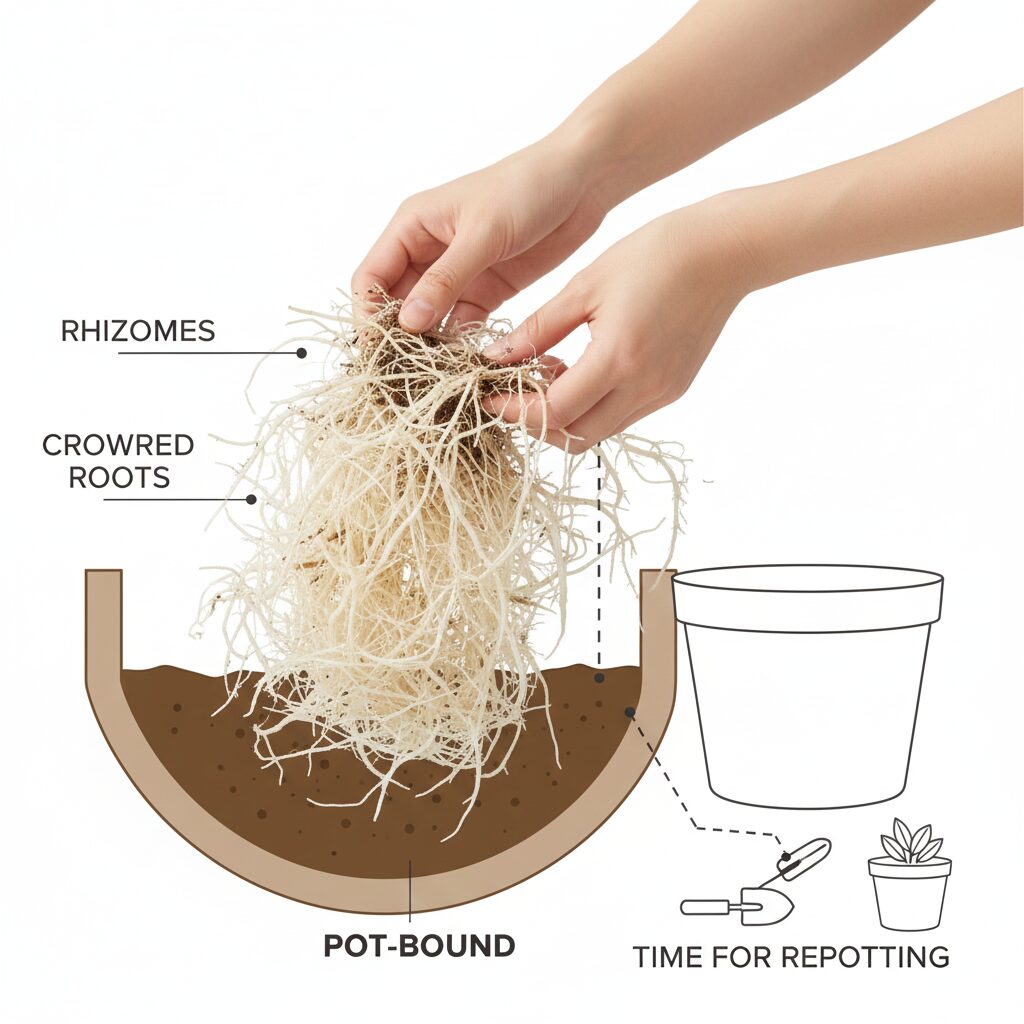 スズラン 植え替え時期2　土の中で横に広がり根詰まりを起こしているスズランの地下茎（リゾーム）の様子