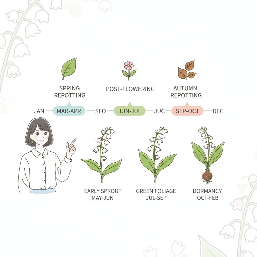 スズラン 植え替え時期3　スズランの年間生育サイクル図と春・秋・花後の最適な植え替え時期カレンダー
