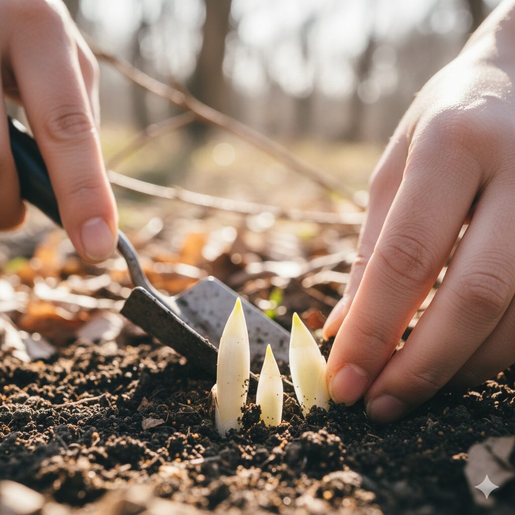 スズラン 植え替え時期4　早春の土から顔を出したばかりの繊細で折れやすいスズランの新芽