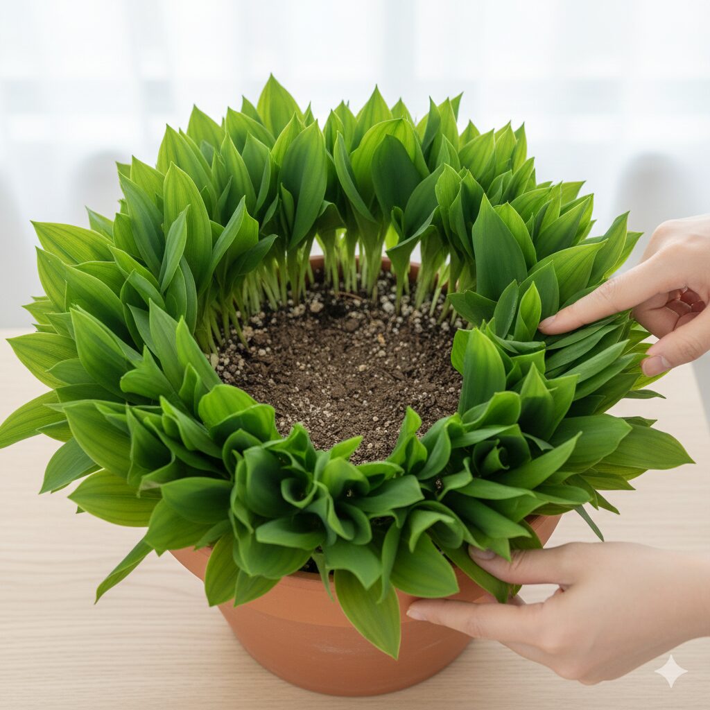 スズラン 植え替え時期7　根詰まりにより鉢の縁にしか芽が出ないスズランのドーナツ化現象