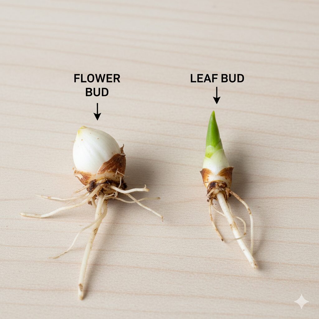 スズラン 植え替え時期8　スズランの株分けで重要な花が咲く「花芽」と葉だけの「葉芽」の見分け方比較画像