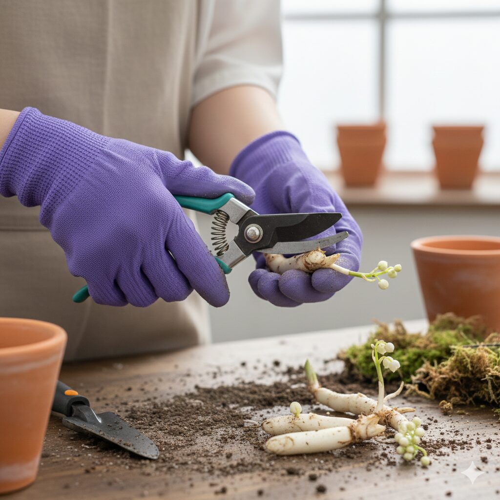スズラン 植え替え時期9　スズランの地下茎を4〜5芽の塊に切り分ける株分け作業の様子