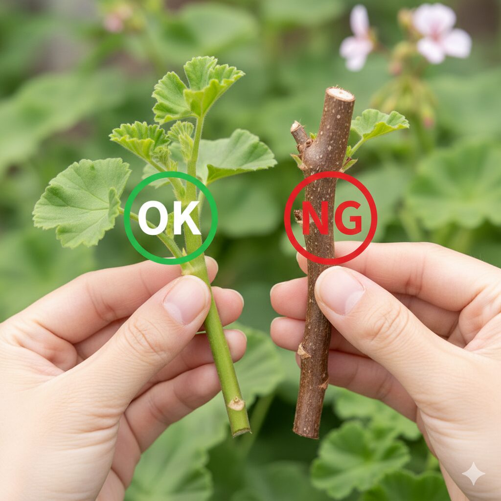 ゼラニウム 挿し木の仕方2 ゼラニウムの挿し穂選び:発根しやすい緑色の新梢(OK)と木質化した古い茎(NG)の比較