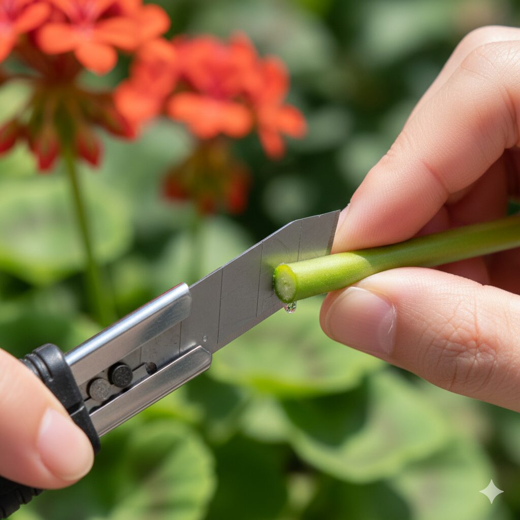 ゼラニウム 挿し木の仕方3 ゼラニウムの挿し木:発根しやすい節(ノード)のすぐ下を清潔な刃物でカットする様子