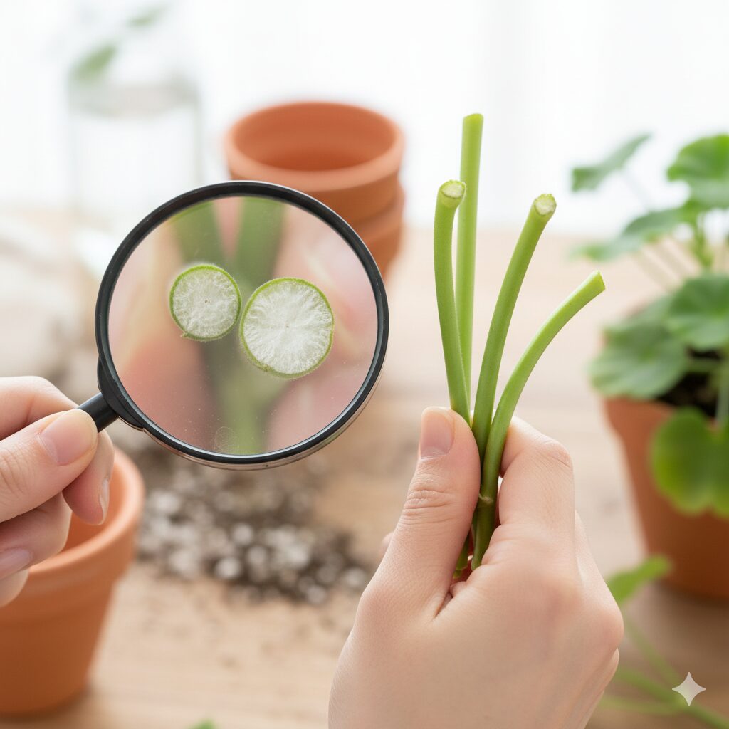 ゼラニウム 挿し木の仕方5 腐敗を防ぐために切り口を乾燥させ、コルク状に収縮したゼラニウムの挿し穂の断面