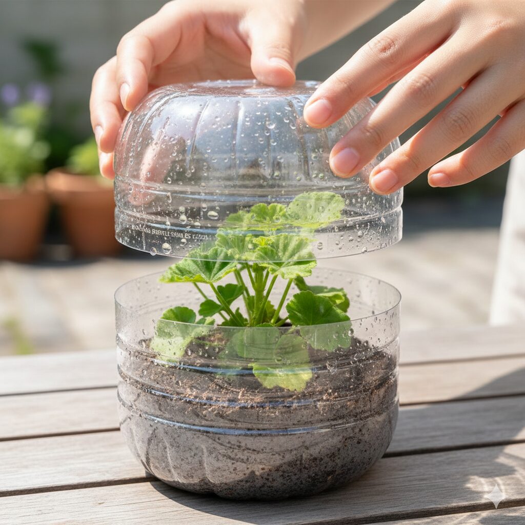 ゼラニウム 挿し木の仕方7 湿度を保つためにペットボトルを加工して作ったゼラニウム密閉挿し用の簡易温室