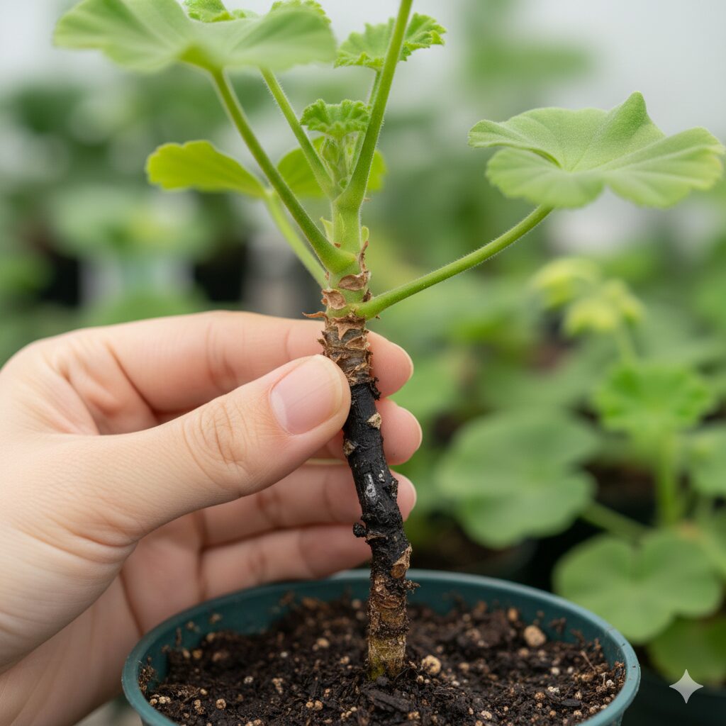 ゼラニウム 挿し木の仕方9 水のやりすぎなどが原因で茎の根元が黒く腐敗したゼラニウム(ブラックレッグ)の症状