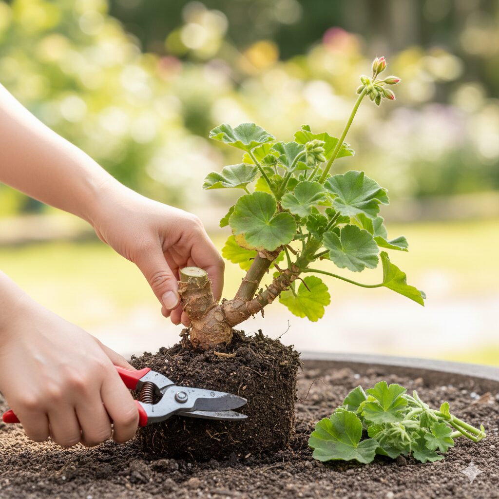 ゼラニウム 植え替え時期10　植え替えと同時に切り戻し剪定を行った後のゼラニウムの株