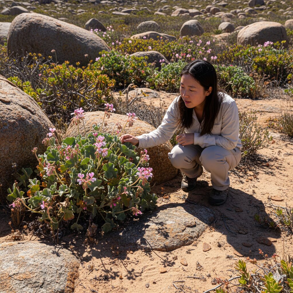 ゼラニウム 植え替え時期2　南アフリカの乾燥した自生地で育つ野生のゼラニウム（ペラルゴニウム）