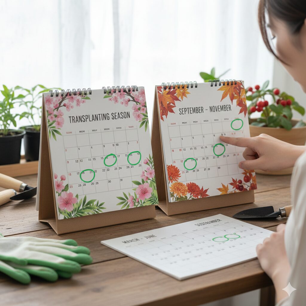 ゼラニウム 植え替え時期3　ゼラニウムの植え替え適期を示す春と秋のカレンダー