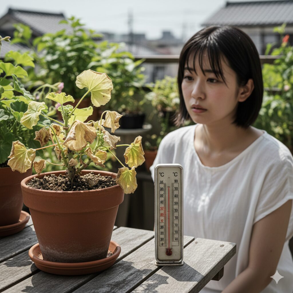 ゼラニウム 植え替え時期4　真夏の高温多湿で萎れてしまったゼラニウムの鉢植え