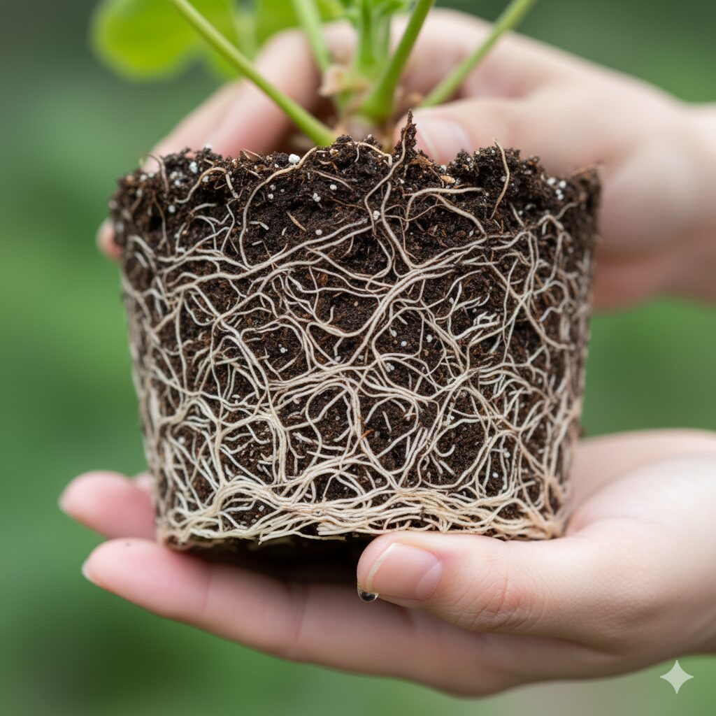 ゼラニウム 植え替え時期6　鉢の中で根がびっしりと回ったゼラニウムの根詰まり（サークリング）