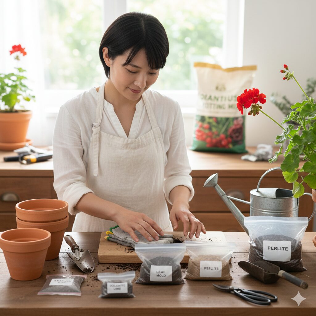 ゼラニウム 植え替え時期7　ゼラニウムの植え替えに必要な土や道具一式