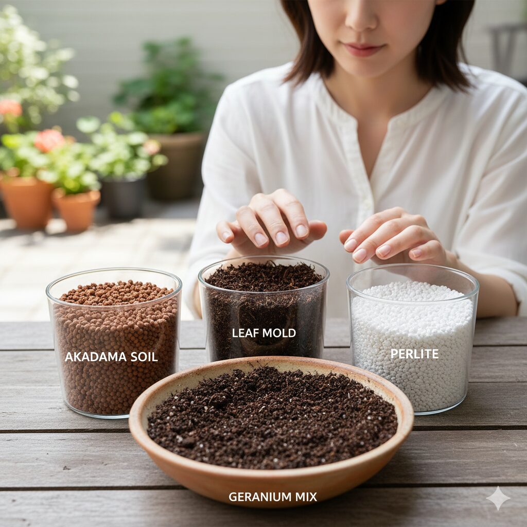 ゼラニウム 植え替え時期8　赤玉土、腐葉土、パーライトを配合した水はけの良いゼラニウム専用用土
