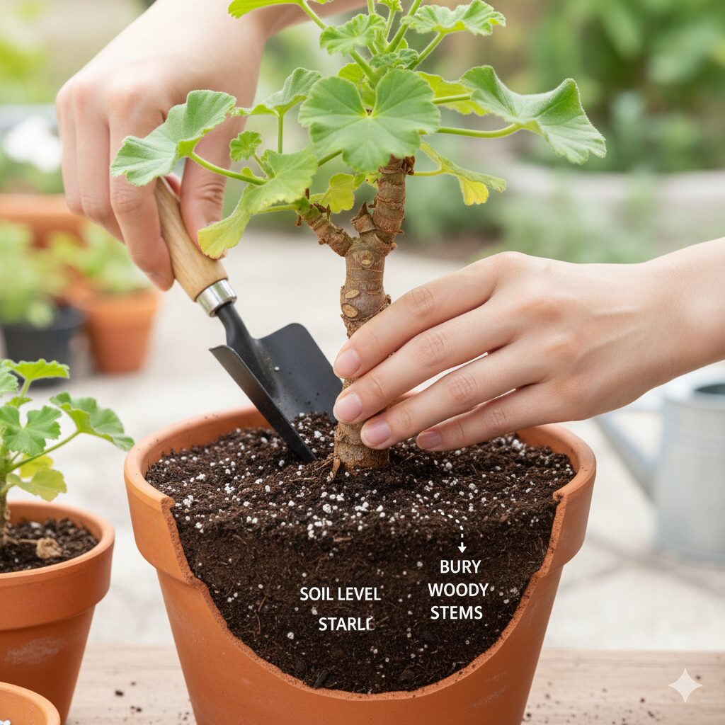 ゼラニウム 植え替え時期9　木質化したゼラニウムの茎を土に埋める深植え作業の様子